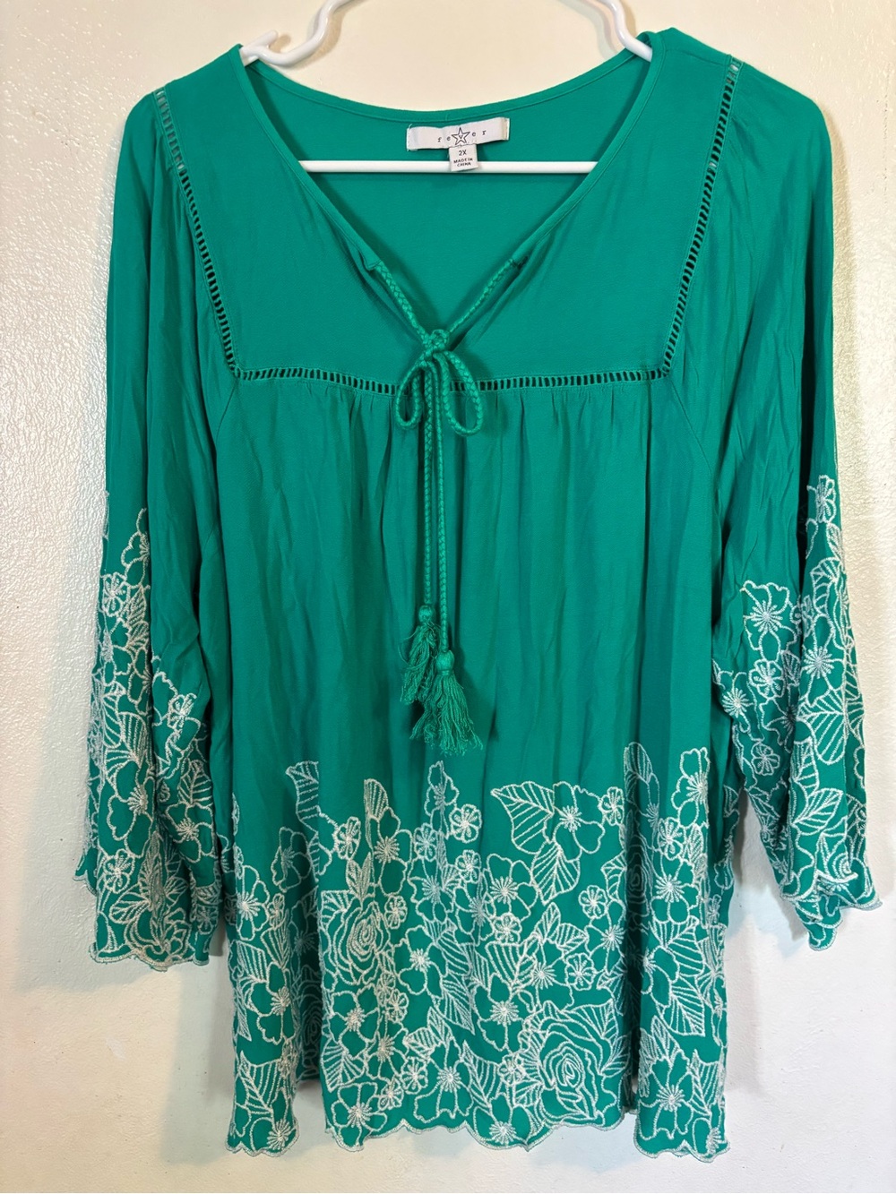 Green Embroidered V-Neck Peasant Top by Fever